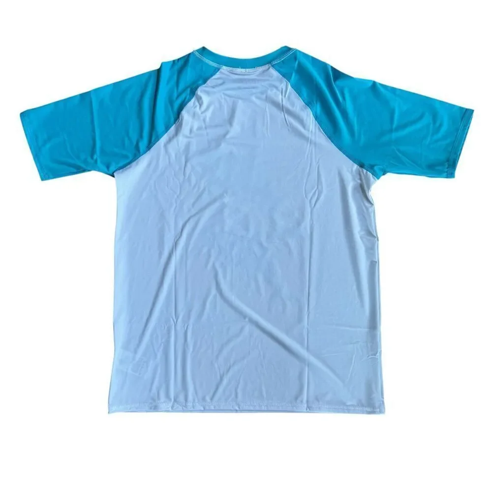 Land’s End Blue Turquoise White Swim Top Rash Guard Sharks Boys XL 14-16 NWOT